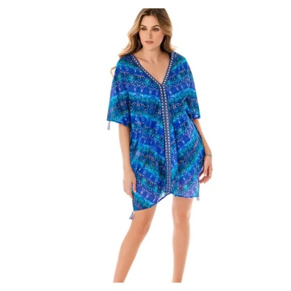 Miraclesuit Blue Curacao Caftan 100% Cotton Ikat Swimwear Cover Up Size M - Picture 10 of 11